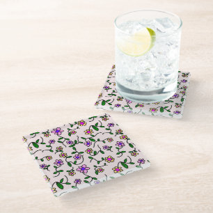 Colourful Flowers, Floral Pattern, Greenery, Boho Glass Coaster