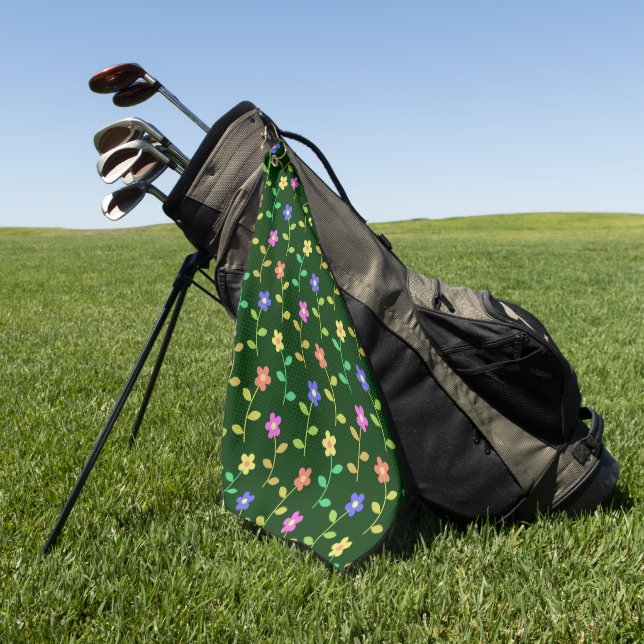 Colourful Flowers, Floral Pattern, Greenery, Boho Golf Towel (Green)