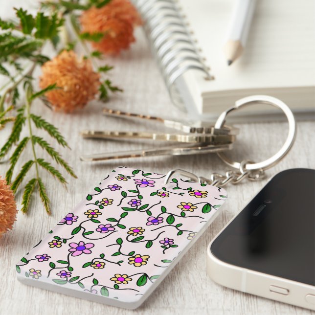 Colourful Flowers, Floral Pattern, Greenery, Boho Key Ring (Front Right)