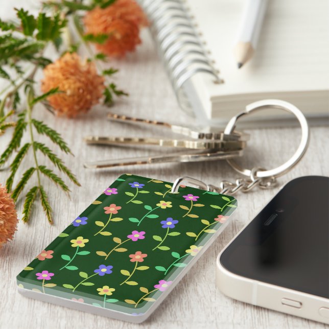Colourful Flowers, Floral Pattern, Greenery, Boho Key Ring (Front Right)