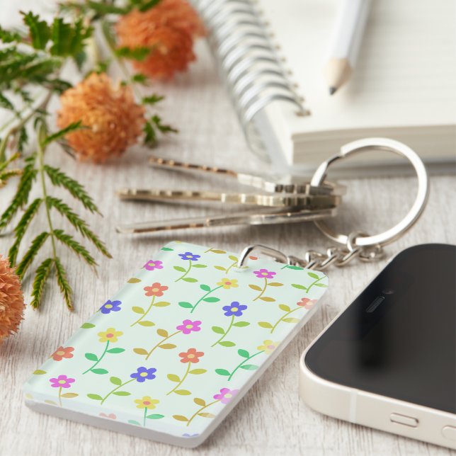 Colourful Flowers, Floral Pattern, Greenery, Boho Key Ring (Front Right)
