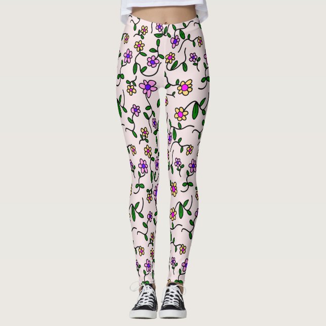 Colourful Flowers, Floral Pattern, Greenery, Boho Leggings (Front)