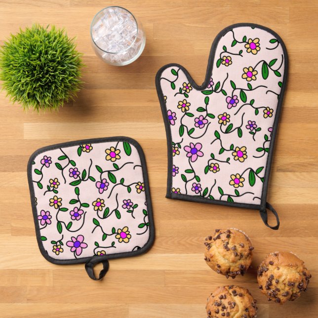 Colourful Flowers, Floral Pattern, Greenery, Boho Oven Mitt & Pot Holder Set (Top Down)