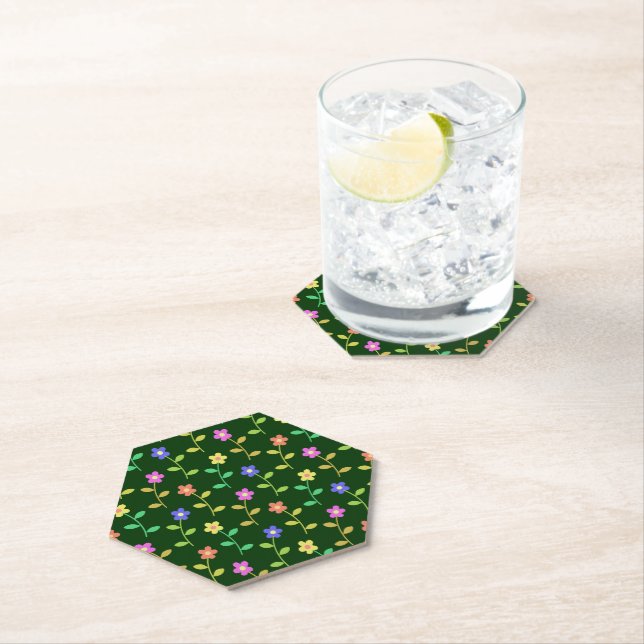Colourful Flowers, Floral Pattern, Greenery, Boho Paper Coaster (Insitu)