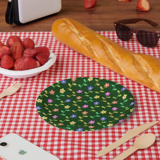 Colourful Flowers, Floral Pattern, Greenery, Boho Paper Plate (Picnic)