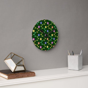 Colourful Flowers, Floral Pattern, Greenery, Boho Round Clock
