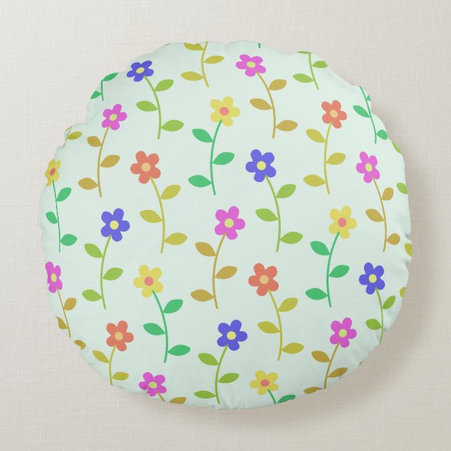 Colourful Flowers, Floral Pattern, Greenery, Boho Round Cushion (Front)