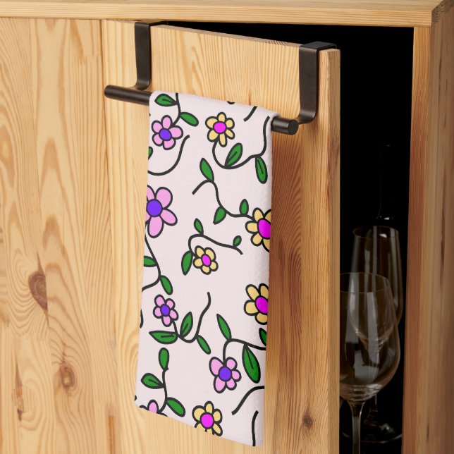 Colourful Flowers, Floral Pattern, Greenery, Boho Tea Towel (Thirds Fold)