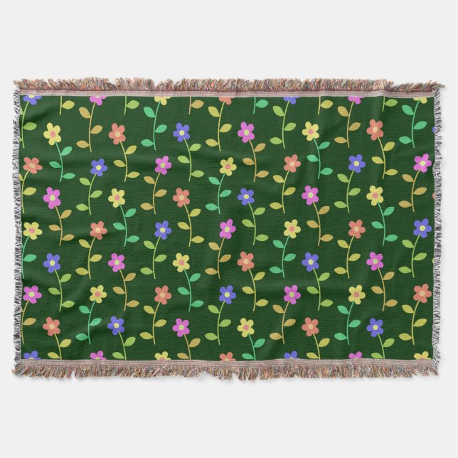 Colourful Flowers, Floral Pattern, Greenery, Boho Throw Blanket (Front)