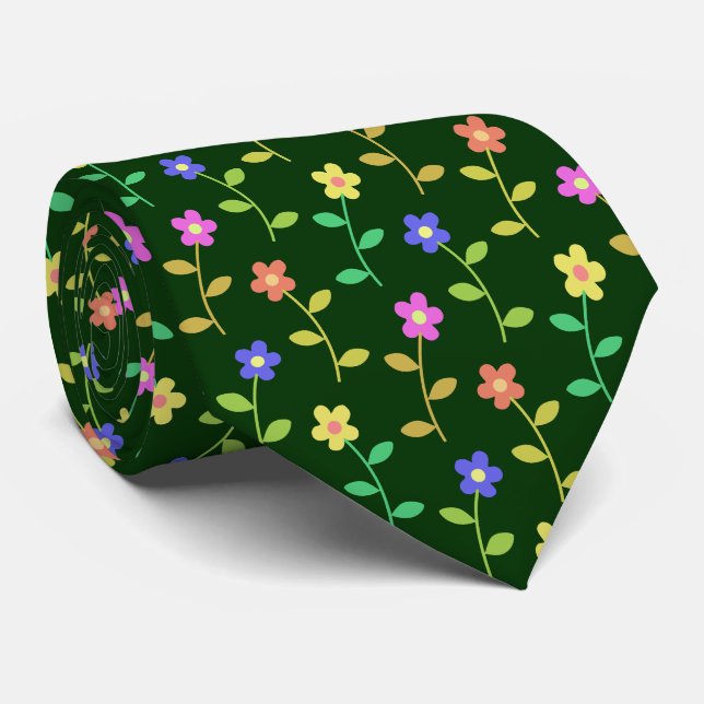 Colourful Flowers, Floral Pattern, Greenery, Boho Tie (Rolled)