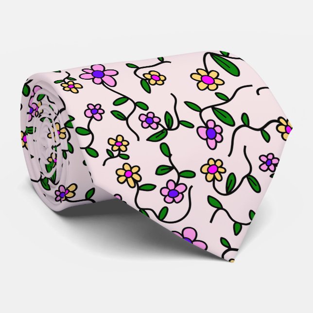 Colourful Flowers, Floral Pattern, Greenery, Boho Tie (Rolled)