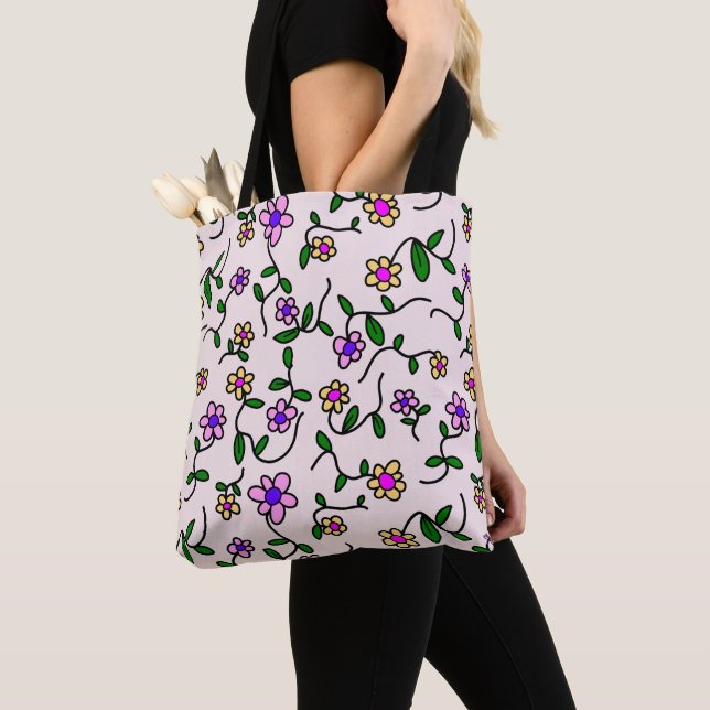 Colourful Flowers, Floral Pattern, Greenery, Boho Tote Bag (Close Up)