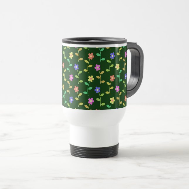 Colourful Flowers, Floral Pattern, Greenery, Boho Travel Mug (Front Right)