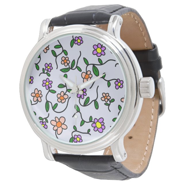 Colourful Flowers, Floral Pattern, Greenery, Boho Watch (Angled)