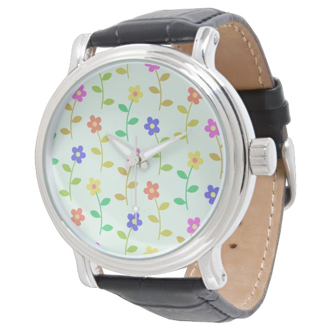 Colourful Flowers, Floral Pattern, Greenery, Boho Watch (Angled)