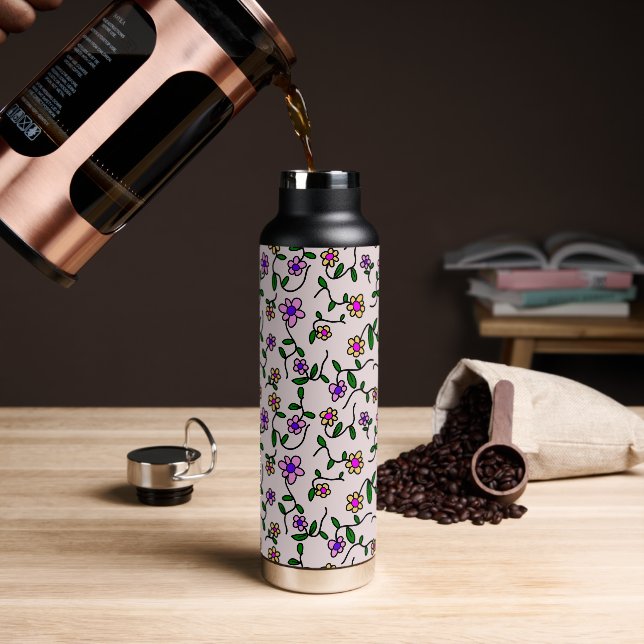 Colourful Flowers, Floral Pattern, Greenery, Boho Water Bottle (Coffee)