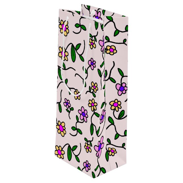 Colourful Flowers, Floral Pattern, Greenery, Boho Wine Gift Bag (Back Angled)