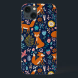 Colourful Flowers & Foxes Pattern iPhone 13 Case<br><div class="desc">Colourful retro flowers cute birds and red foxes cartoon style illustration on dark blue background colour you can change</div>