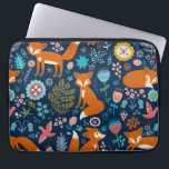Colourful Flowers & Foxes Retro Pattern Laptop Sleeve<br><div class="desc">Cool colourful retro flowers birds and red foxes cute illustration seamless pattern. Dark blue customisable background colour.</div>