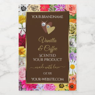 Colourful Flowers Frame Brown Product Labels Heart