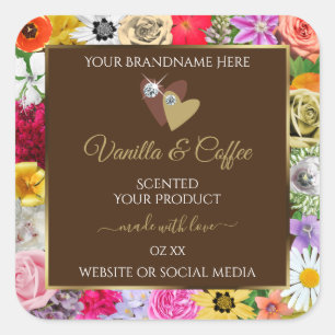 Colourful Flowers Frame Brown Product Labels Heart