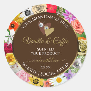 Colourful Flowers Frame Brown Product Labels Heart