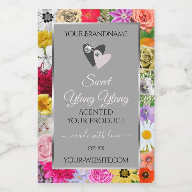 Colourful Flowers Frame Grey Product Labels Hearts (Single Label)