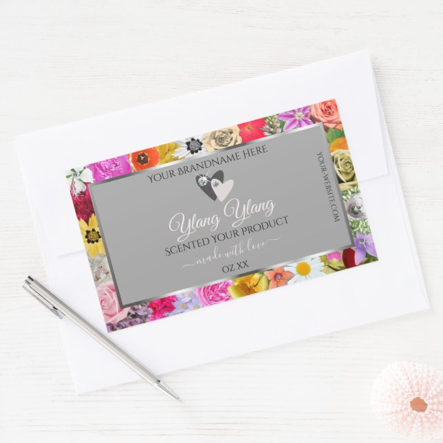 Colourful Flowers Frame Grey Product Labels Hearts (Envelope)