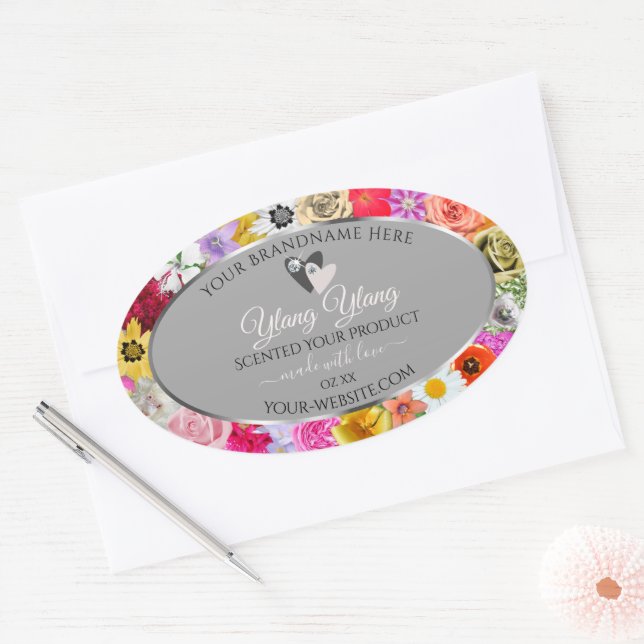 Colourful Flowers Frame Grey Product Labels Hearts (Envelope)