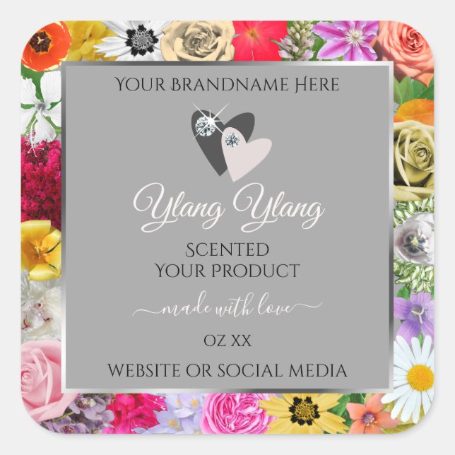 Colourful Flowers Frame Grey Product Labels Hearts (Front)