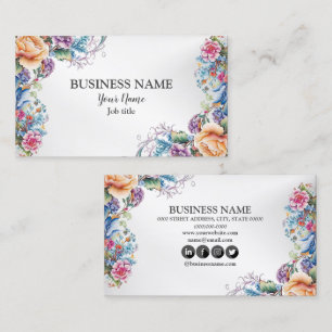 Colourful Flowers Frame Leaves Modern Elegant Business Card