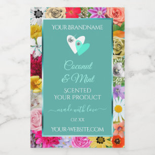 Colourful Flowers Frame Teal Product Labels Hearts