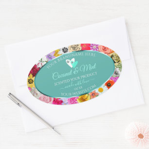 Colourful Flowers Frame Teal Product Labels Hearts