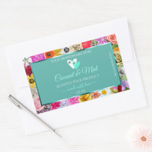 Colourful Flowers Frame Teal Product Labels Hearts