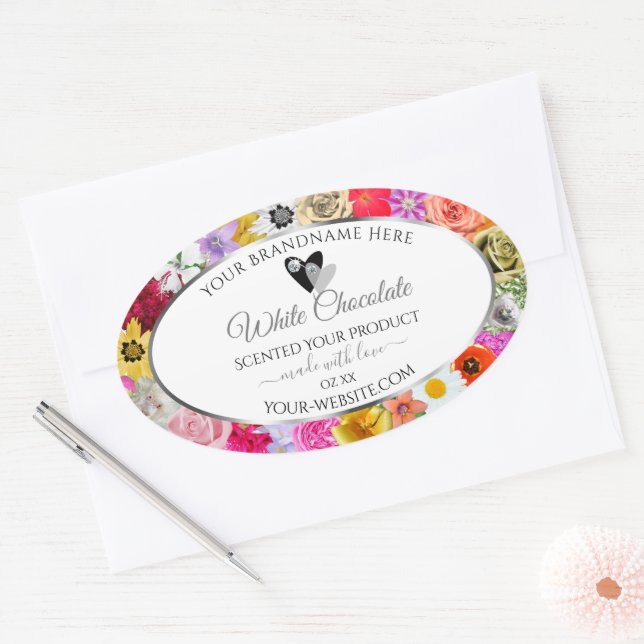 Colourful Flowers Frame White Product Labels Heart (Envelope)
