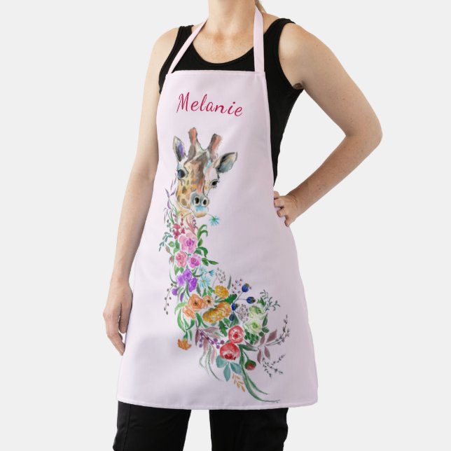 Colourful Flowers Giraffe Apron Gift Custom Name (Insitu)