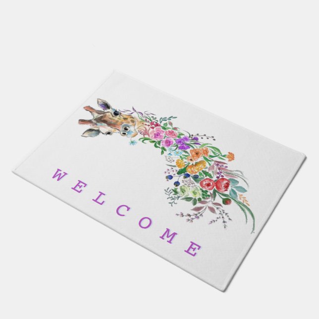 Colourful Flowers Giraffe Doormat - Welcome (Angled)