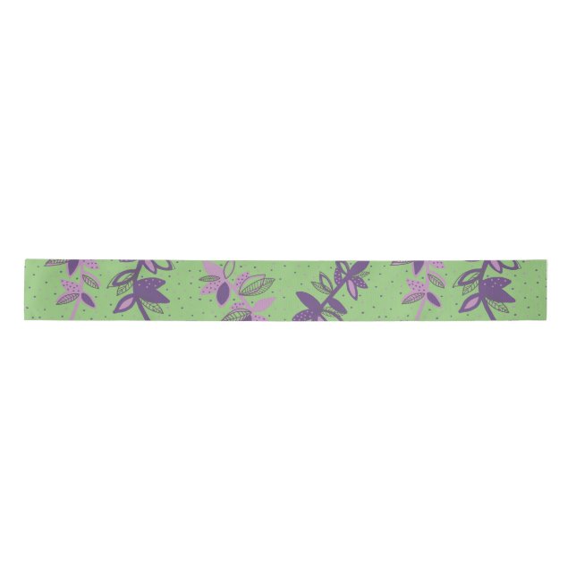 Colourful flowers green and purple satin ribbon (Front)