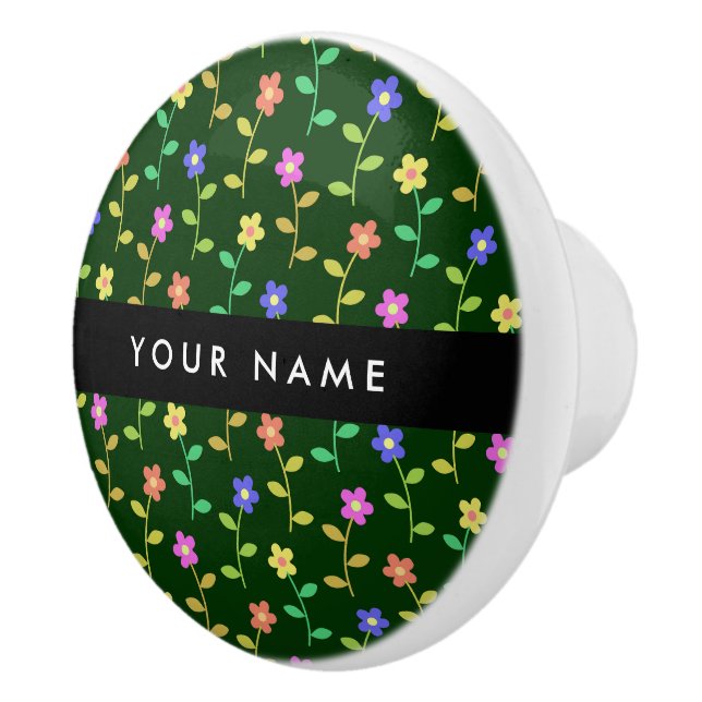 Colourful Flowers, Green Background, Black Ceramic Knob (Right)