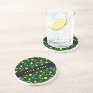 Colourful Flowers, Green Background, Black Coaster