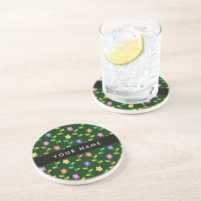 Colourful Flowers, Green Background, Black Coaster (Side)