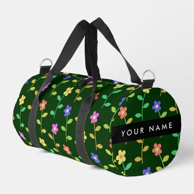 Colourful Flowers, Green Background, Black Duffle Bag (Left Corner)