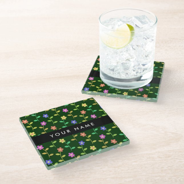 Colourful Flowers, Green Background, Black Glass Coaster (Angled)