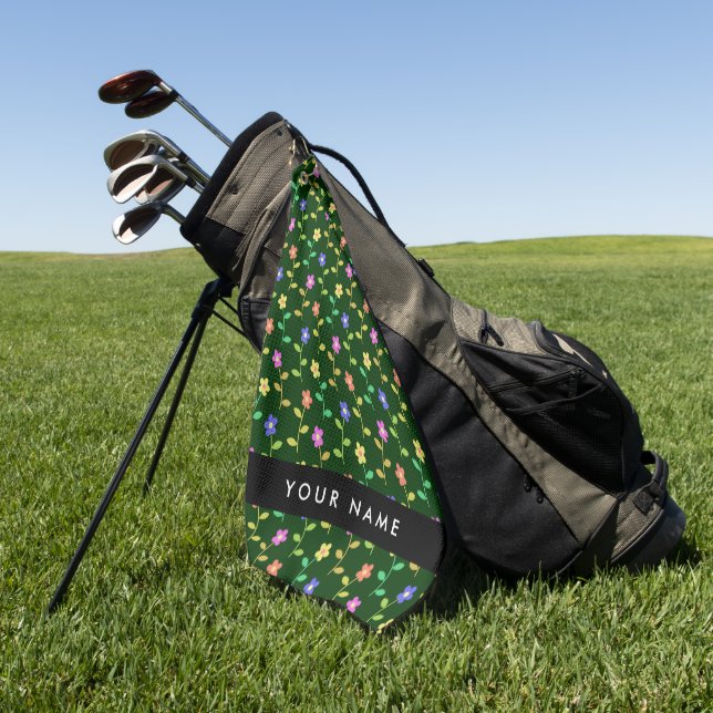 Colourful Flowers, Green Background, Black Golf Towel (Green)