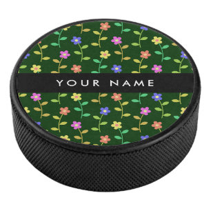 Colourful Flowers, Green Background, Black Hockey Puck