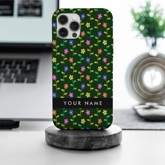 Colourful Flowers, Green Background, Black iPhone Case (Creator Uploaded)