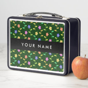 Colourful Flowers, Green Background, Black Metal Lunch Box