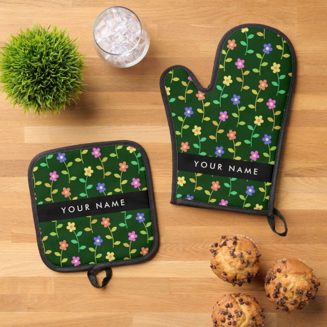 Colourful Flowers, Green Background, Black Oven Mitt & Pot Holder Set (Top Down)