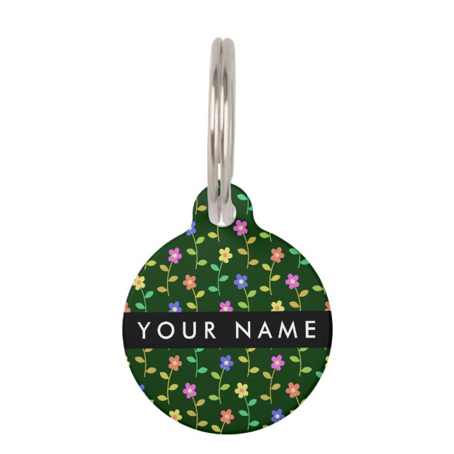 Colourful Flowers, Green Background, Black Pet Tag (Front)