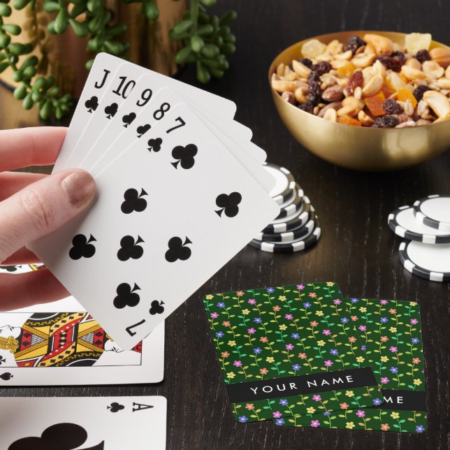 Colourful Flowers, Green Background, Black Playing Cards (In Situ)